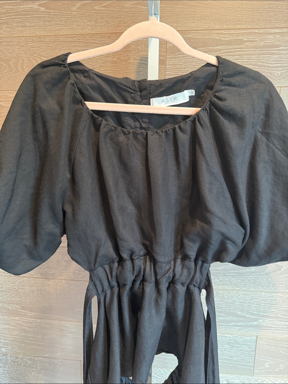 ASTR Black Puff Sleeve Cinched-Waist linen Top